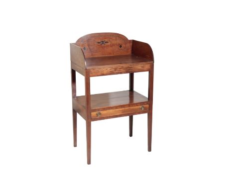 A GEORGE III MAHOGANY WASHSTAND, late 18th century, the three quarter gallery with arched back and marquetry foliate detail, 