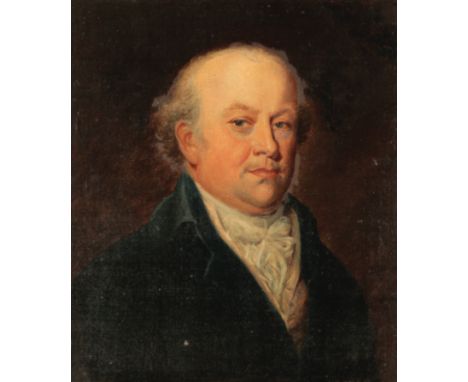 ENGLISH SCHOOL, 19TH CENTURY A head and shoulders portrait of a gentleman the sitter depicted wearing a blue velvet overcoat 