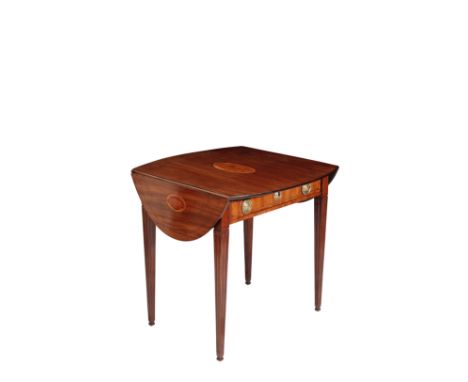 A DUTCH MAHOGANY AND MARQUETRY PEMBROKE TABLE, 19th century, the oval top with twin drop leaves and with three marquetry shel