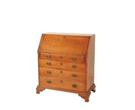 A NEW ENGLAND STAINED HARDWOOD BUREAU, late 18th /early 19th century, the fall front enclosing a fully fitted interior with p