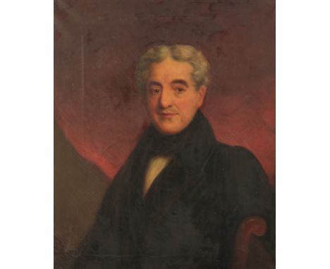 ENGLISH SCHOOL, 19TH CENTURY A portrait of a gentleman the sitter depicted seated on a chair before a red curtain, half-lengt