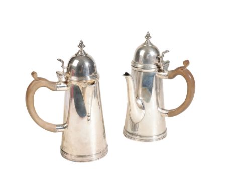 A PAIR OF MATCHED 20TH CENTURY SILVER COFFEE/CHOCOLATE POT, by Harrison Brothers &amp; Howson (George Howson), Sheffield, 182