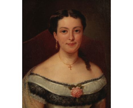 ENGLISH SCHOOL, 19TH CENTURY A head and shoulders portrait of a young lady wearing gold earrings and cross pendant, a pink fl
