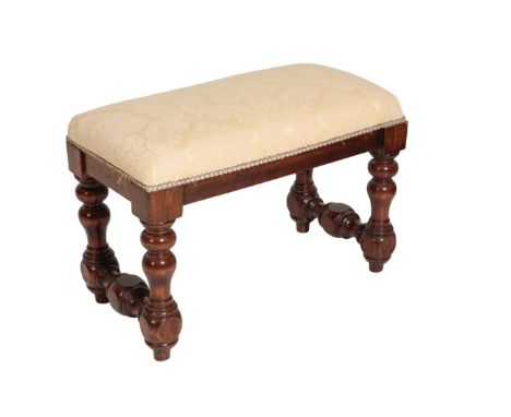 FOUR VARIOUS CARVED WOOD AND UPHOLSTERED STOOLS, comprising a Victorian oak footstool with Berlin woolwork covering and gilt 