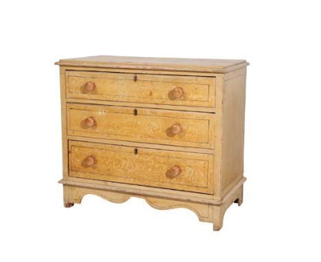 A SCUMBLED PINE CHEST OF DRAWERS, circa 1900, the top with painted stringing to stylised foliate arabesques at the front corn
