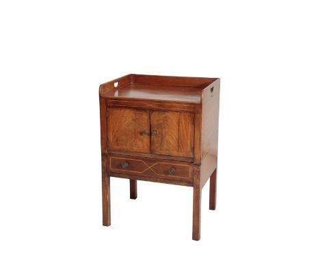 A GEORGE III MAHOGANY TRAY TOP COMMODE, circa 1780 and later adapted, the rectangular top with three-quarter gallery pierced 
