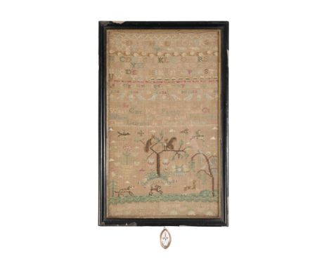 A GEORGE III SAMPLER, dated 1796, worked with stylized flowers, trees, birds, and a house, in a simple molded stained-wood fr