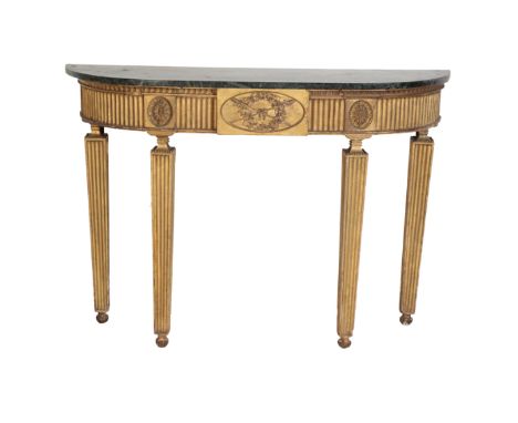 A DUTCH GILTWOOD AND COMPOSITION AND MARBLE TOPPED CONSOLE TABLE, of neo-classical design, the Italian green serpentine top a