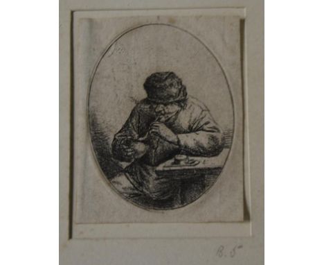 Attributed to Adriaen Van Ostade (Dutch 1610-1685), The Pipe Smoker, etching, the image within an oval. 72mm by 59mm