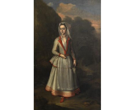 Continental School, 18th Century, Portrait of a Lady Gathering Fruit, oil on canvas, unframed. 74cm by 45cm