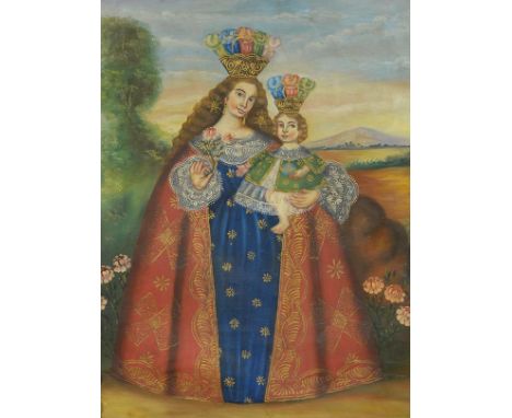 Cuzco School (Peru), early 20th Century, The Madonna and Child, oil on canvas, in a carved hardwood frame. 49cm by 38cm. Note