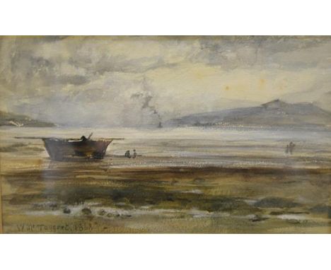 Attributed to William McTaggart R.S.A., R.S.W. (Scottish 1835-1910), A Beached Fishing Boat, a Steam Boat in the Distance, si