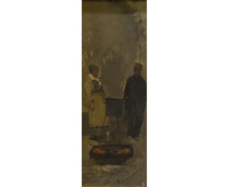 Rubens Santoro (Italian, 1859-1942), Two Figures by a Brazier, signed lower right, oil sketch on canvas, framed. 41cm by 15.5