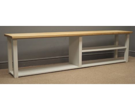 Oak top bench, with painted under tier of shelves and storage, W210cm, H55cm, D40cm Condition Report Click here for further i