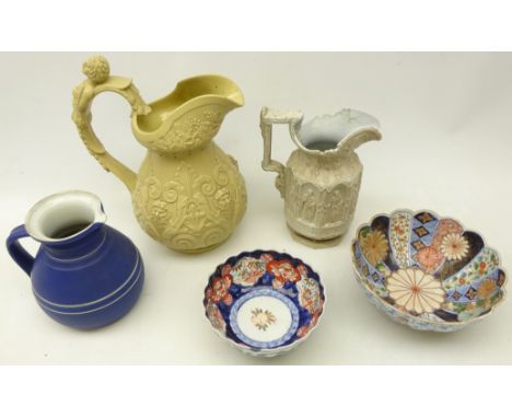 Victorian Wedgwood Jasperware pitcher, Victorian stoneware Bacchus relief moulded jug, H28cm, Charles Meigh relief moulded ju