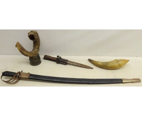 Indian sword with curving blade and pierced hilt, with scabbard, WWII Russian bayonet, with scabbard, rams horn and cartwheel