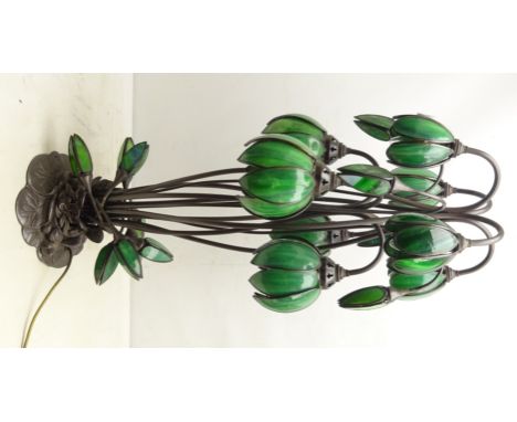 Tiffany style twenty light lamp, on cast metal water lily base, H88cm