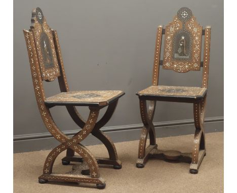 Pair 19th century Portuguese hardwood and mother of pearl and ivory inlaid chairs, one with a medieval woman depicted on the 