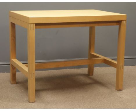 Rectangular light ash work table on jointed stretcher base, 92cm x 61cm, H71cm