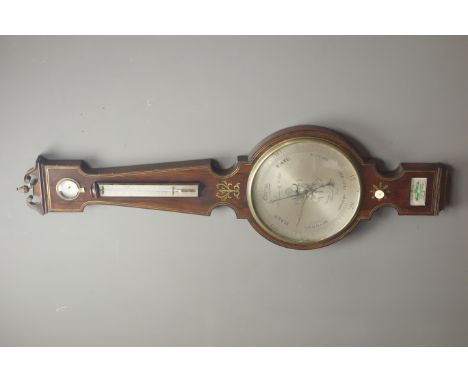 19th century rosewood mercury four dial barometer, swan neck pediment with cast gilt metal pineapple finial, hydrometer above