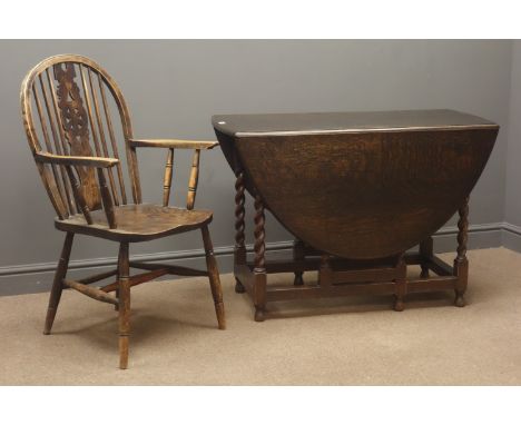 Victorian oak barley twist drop leaf table, with gate leg action, (W107cm, H73cm, L142cm) and a wheel back armchair