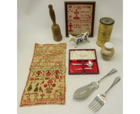 Two 19th/early 20th century samplers, vintage kitchenalia, Madras Curry Powder Tin, Delft cow creamer etc