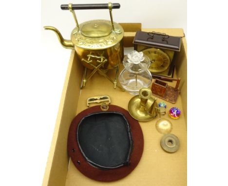 Victorian embossed brass spirit kettle on stand, brass chamber stick, Royal Corps of Signals beret, Metamec mantle clock, gla