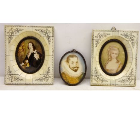 Portraits of Gentleman and a Lady, three early 20th century portrait  miniatures two in ivory frames max 8cm x 6cm (3)