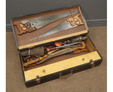 Joiners tool box containing Stanley No.4 Wood Plane, Henry Disston 66cm Panel Saw, Spear &amp; Jackson saw, Brace and collect