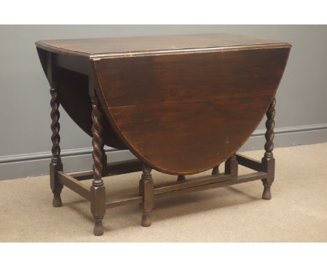 20th century oval oak drop leaf table, gate action barley twist supports, turned feet, W106cm, H73cm, L151cm