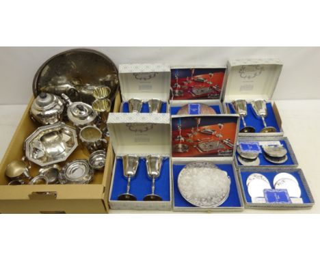 Victorian silver-plated tea caddy with lion mask loop handles, silver-plated tray with engraved decoration and pierced sides,