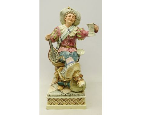 Large early 20th century Italian figure of a seated gentleman in 17th century style costume with a sword by his side, holding
