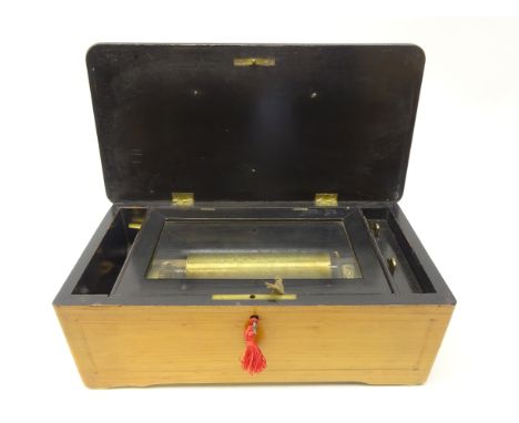 19th Century musical box with comb and cylinder movement the case with hinged inlaid rosewood lid and ebonised border, L35cm 