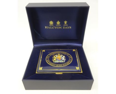 Halcyon Days Diamond Jubilee enamel box, of rectangular form with certificate and original box and outer cover, L14cm  Condit