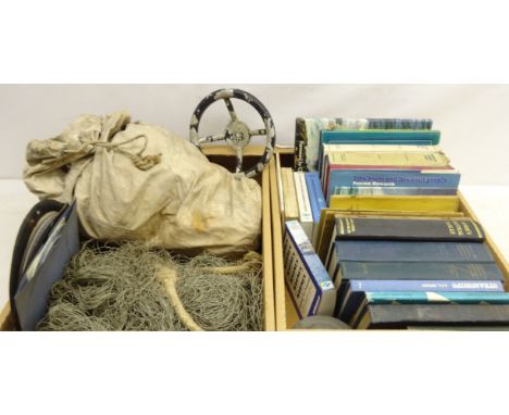 Vintage dinghy sail, a fishing net and a small quantity of books maritime and engineering etc in two boxes