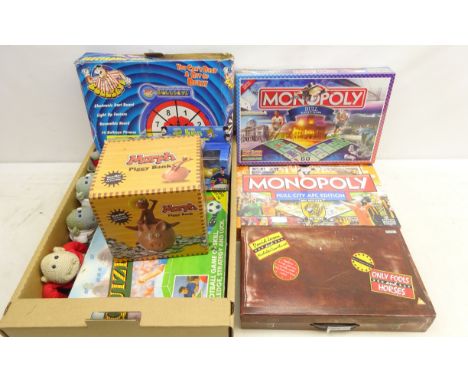 Two unopened Monopoly board games, 'Hull edition' and 'Hull City AFC edition', Morph piggy bank, modern The Beatles Corgi yel