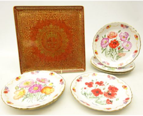 Portugese Vista Alegre Centenary ceramic plate of square form, the central panel decorated with a gilt crest within a gilt sc