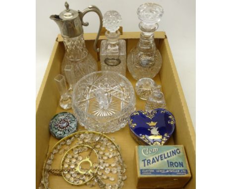 Crystal glass mallet shaped decanter and another decanter with silver-plated drinks labels, Daum glass dog paperweight, circu