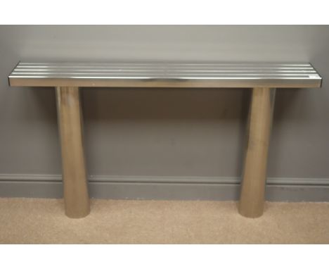 Stainless steel bench, W121cm, D20cm and Stainless steel bollard, (Diameter - 12cm, H121cm) and a galvanised hoop sign, (H110