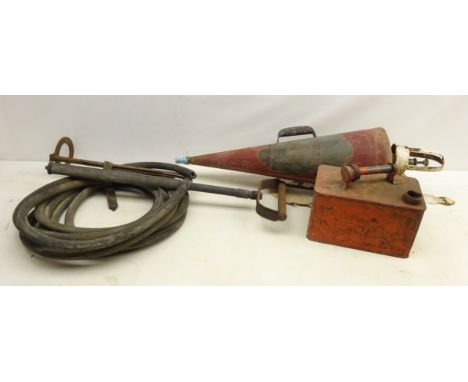 1950's Minimax fire extinguisher, petrol can and a vintage stirrup pump  