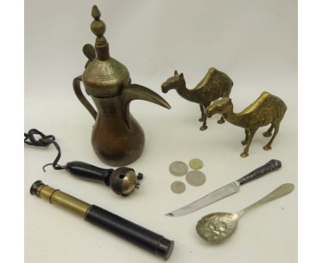 Two brass camels engraved with three wise men nativity scenes, 'Denhill Venus' three draw brass and leather 18x pocket telesc