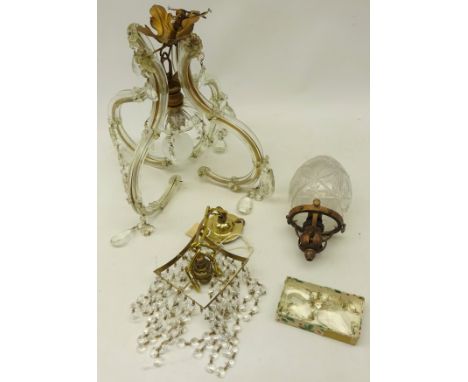 Italian glass light fitting with faceted drops and gilt metal mounts, H31cm, another of square form with glass drops and an E