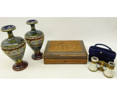 Pair of Doulton stoneware vases of baluster form with band of floral decoration, inscribed ET monogram H18cm, cased pair of m