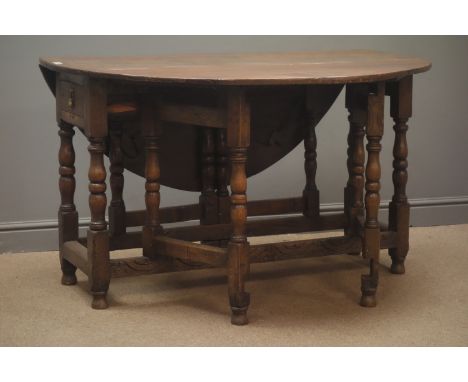 18th century &amp; later oak drop leaf table, with fall leaves and end drawer on double gate action turned supports with stre