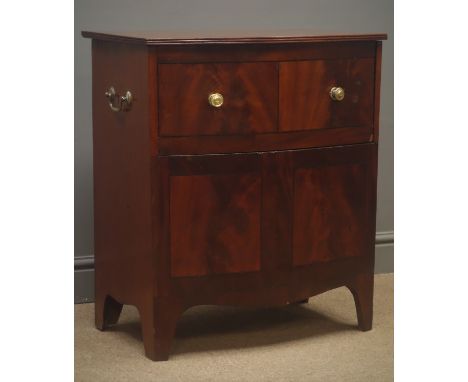 Early 19th century inlaid mahogany commode, hinged up and over lid, shaped apron, bracket feet, W60, H69cm, D41cm