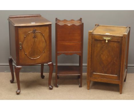 Early 20th century mahogany bow fronted bedside table, raised back, cupboard door enclosing a shelf, cabriole legs, (W44cm, H