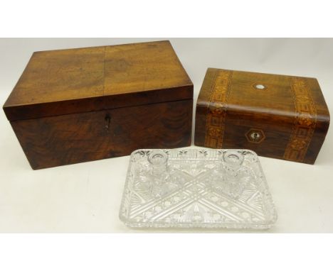 Victorian walnut work box with marquetry inlay, large Victorian mahogany work box, L40cm x H19cm a vintage glass dressing tab