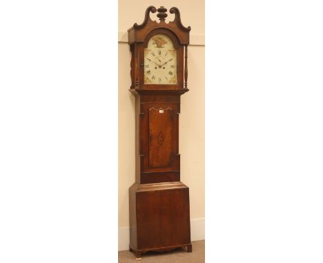 19th century oak and mahogany banded longcase clock, hood with swan neck pediment, painted dial signed 'Farmer, Stockton on T