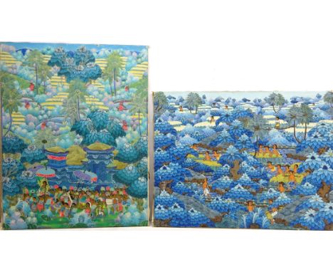 'MD Lastra Penestanan' and one other, two 20th century Balinese School oils on canvas indistinctly signed K Lod? 90cm x 69.5c