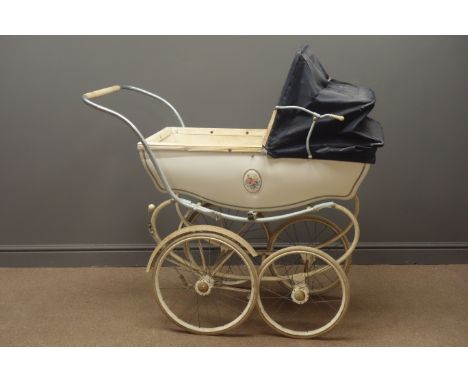 Vintage SilverCross pram, blue hood, white basket, W58cm, H120cm, L126cm